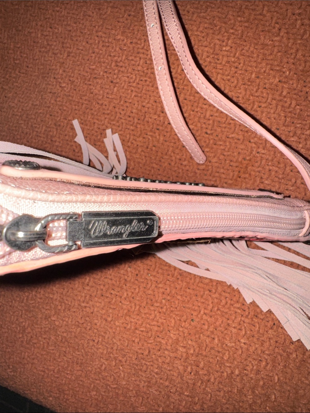 Wrangler Pink Floral Fringe Crossbody Purse with Taupe Fringe - Picture 5 of 12